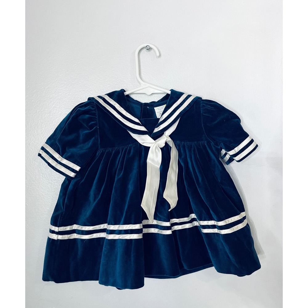 Vintage Blue Velvet Sailor Dress White Nautical Trim Star‎ Embroidery 18 Months